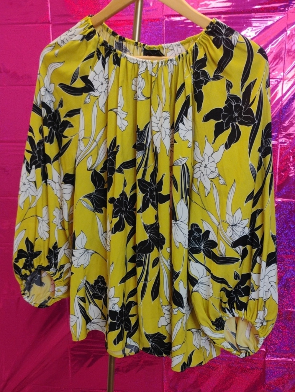 Worthington Yellow Floral Blouse with Black & White Flowers Size Small